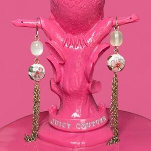 Vintage Pink and white floral cloisonné earrings with gold tone tassel chain